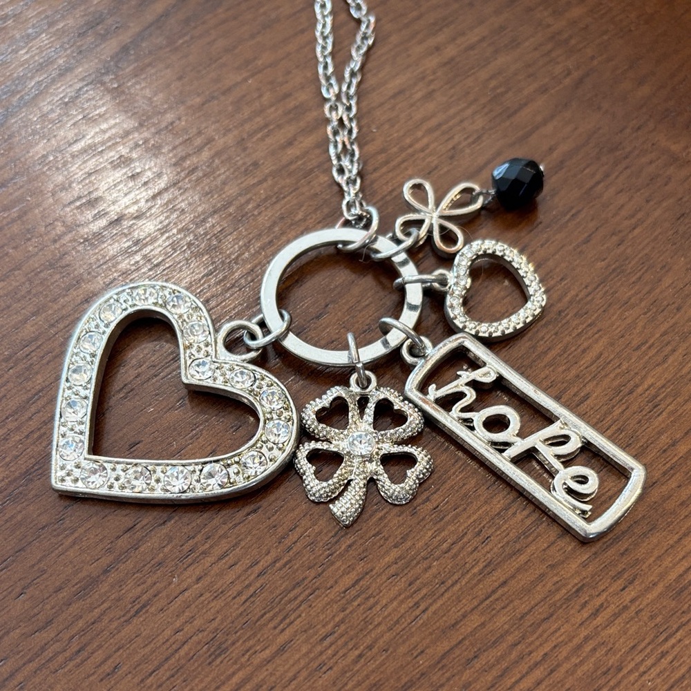 Silver Charm Necklace with Heart and Hope Pendant